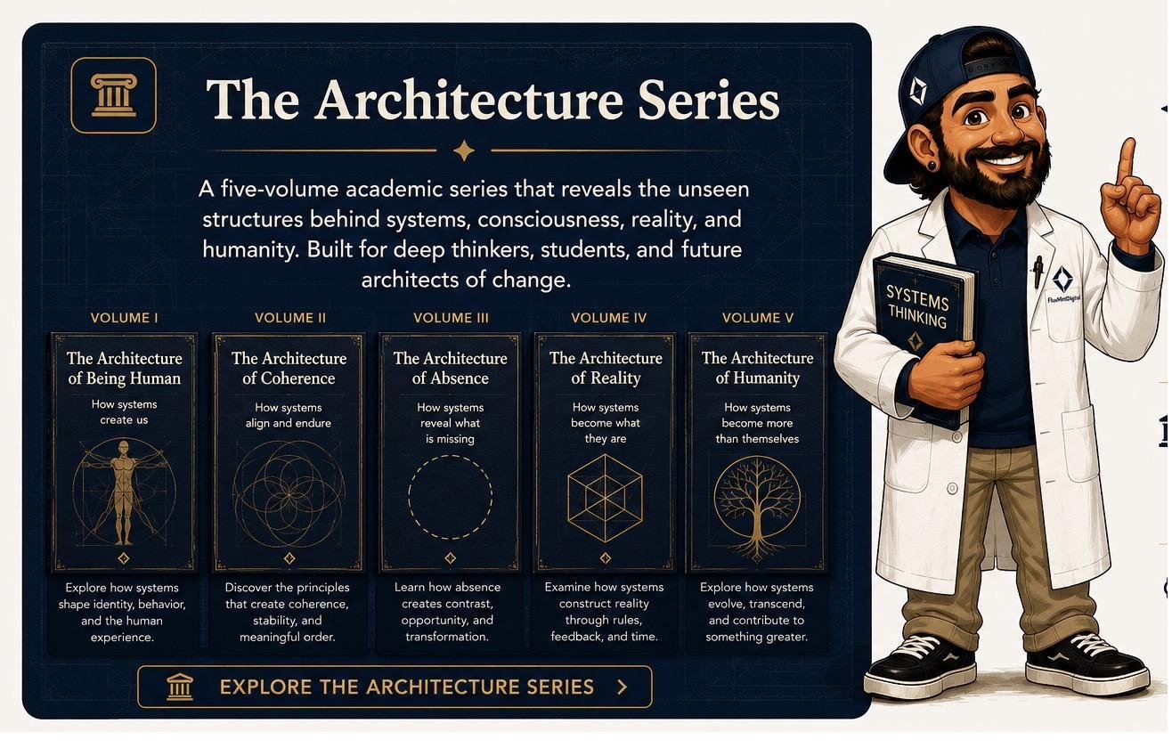 Promotional artwork for The Architecture Series showing all five volume covers alongside DJ the explorer in a lab coat.