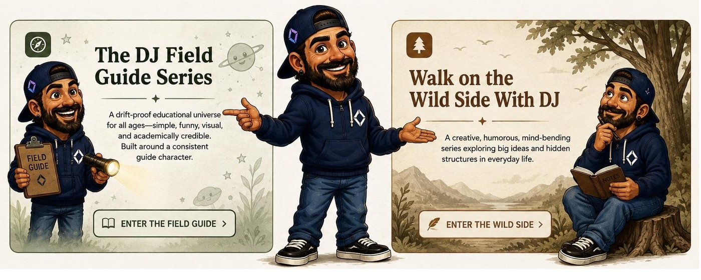 Promotional artwork for the DJ Field Guide Series and Walk on the Wild Side With DJ, showing DJ the explorer between two illustrated series cards.