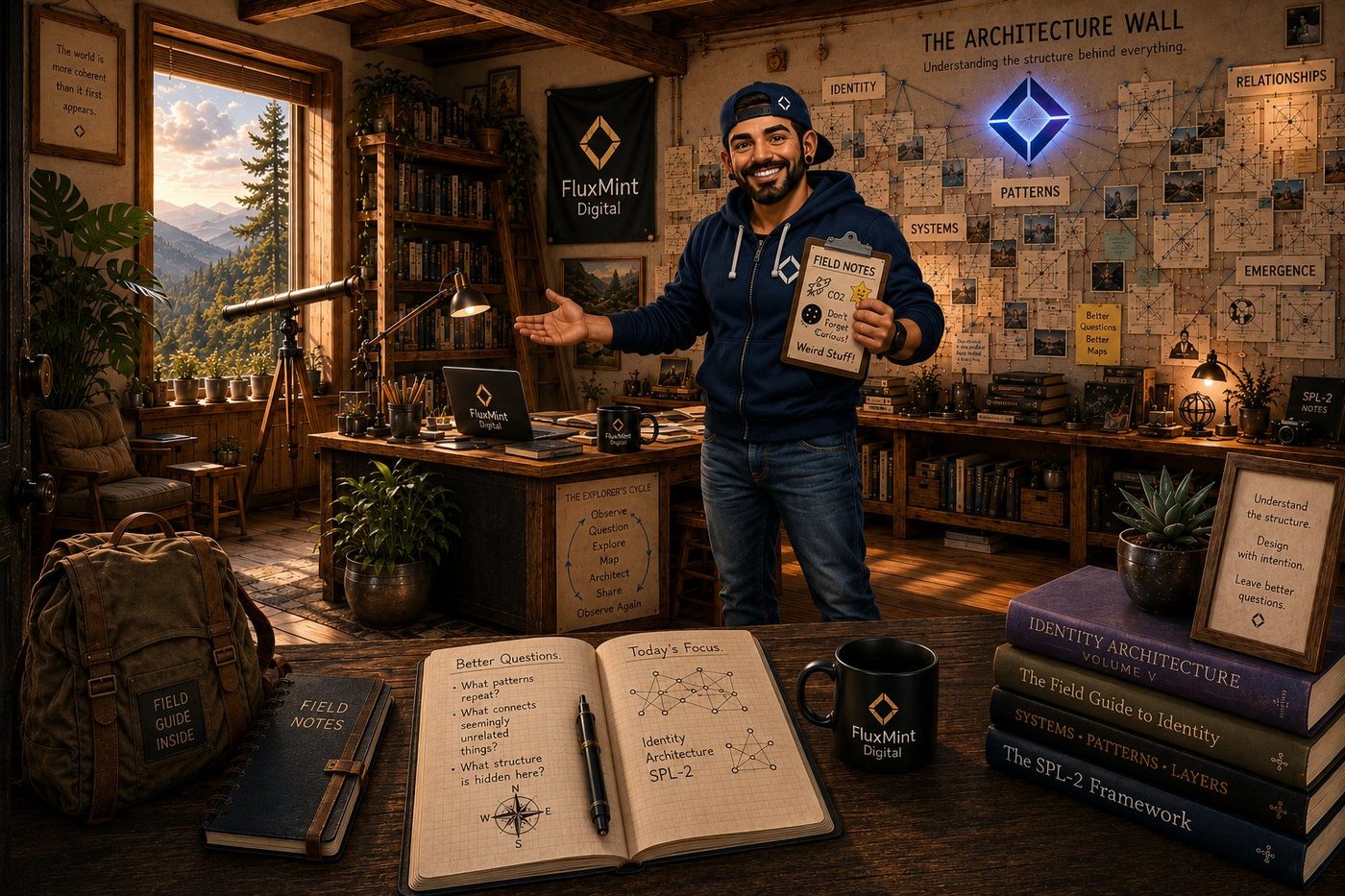 DJ, the FluxMintDigital architecture guide, standing in front of the Architecture Wall gesturing warmly, with a foreground table holding an open notebook and a stack of named books.