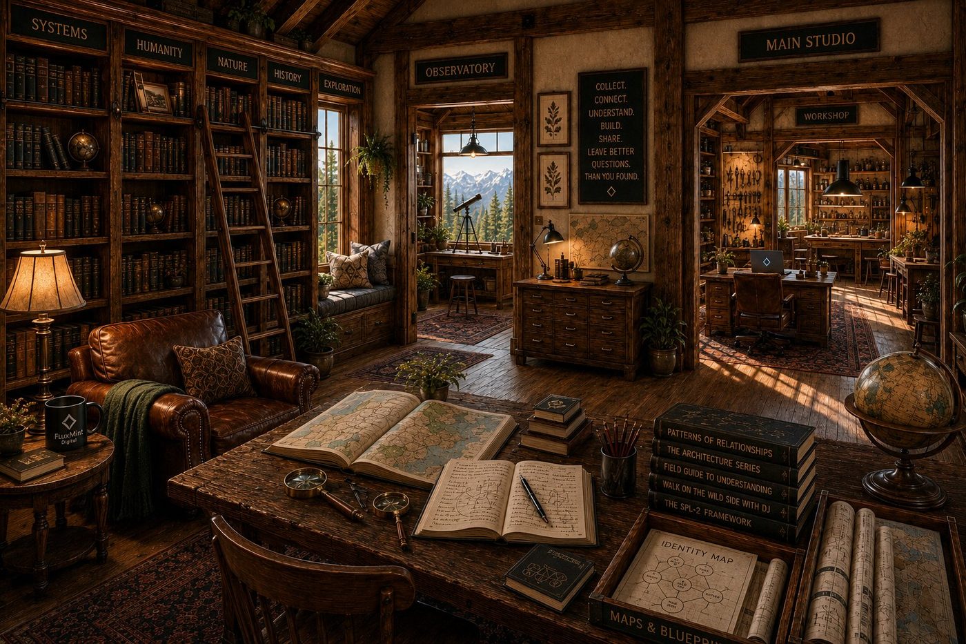 A warm wood-paneled library with tall bookshelves labeled Systems, Humanity, Nature, History, and Exploration, a leather reading chair, and a foreground table stacked with books.