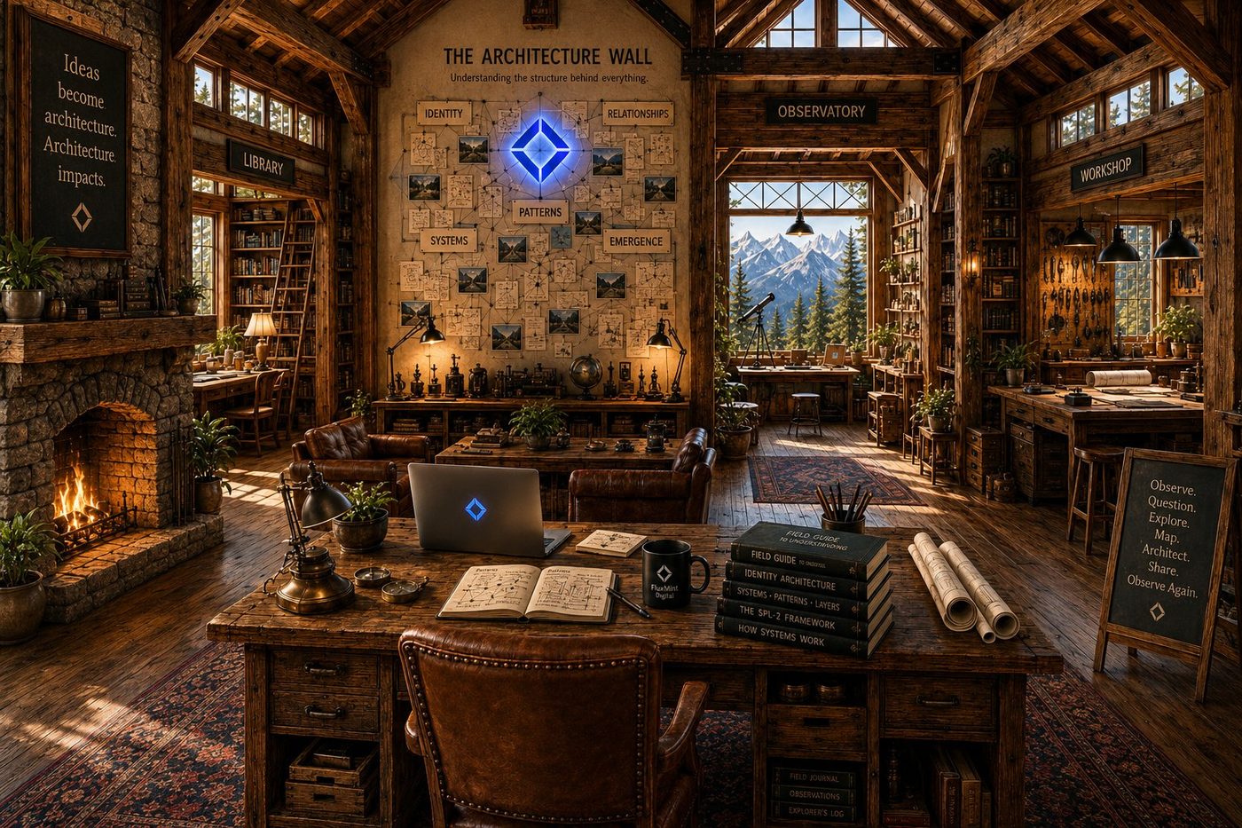 A wide cabin interior with a central wall diagram labeled The Architecture Wall, showing Identity, Relationships, Patterns, Systems, and Emergence connected by lines, with a glowing diamond at center.