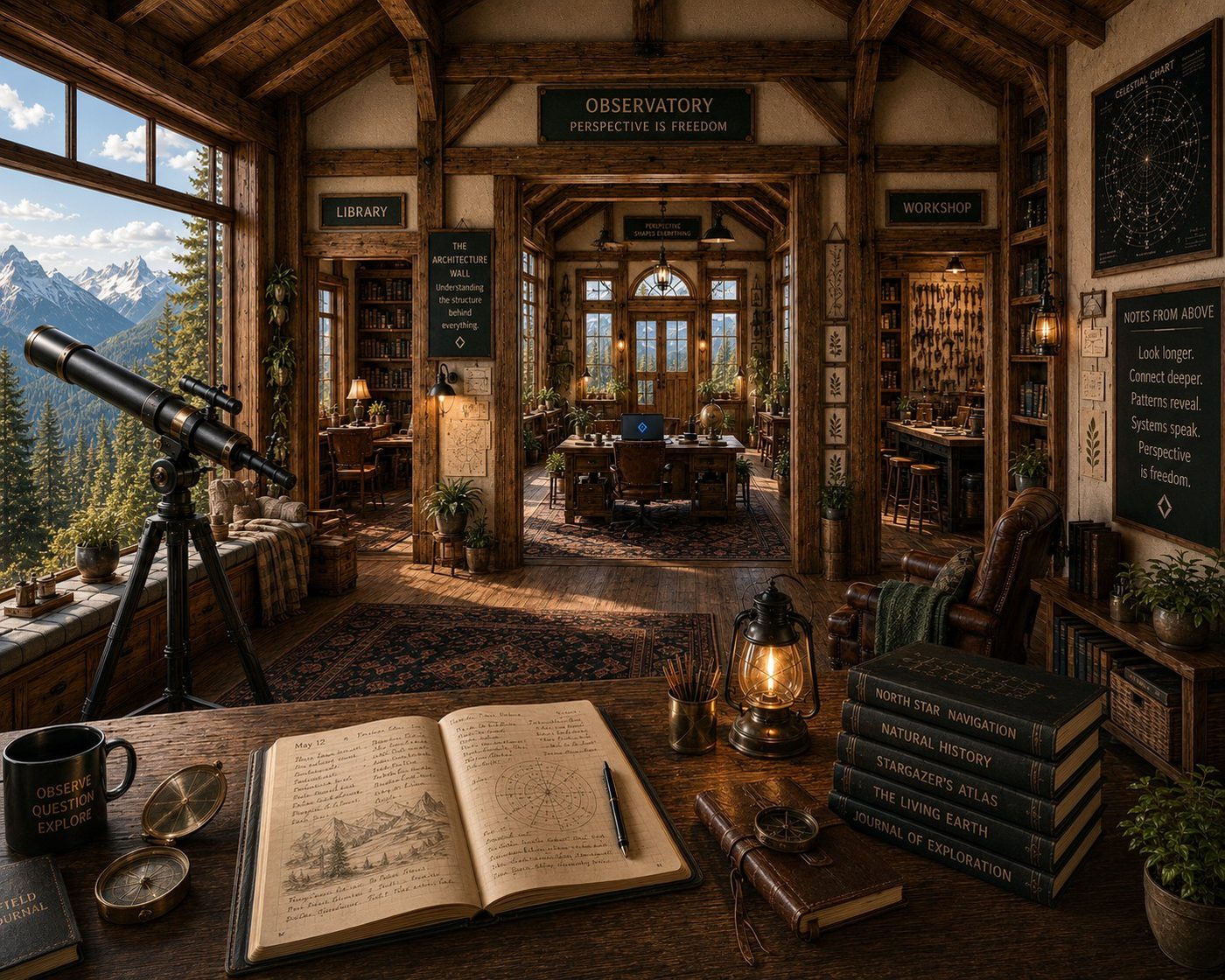 An observatory room with a telescope by a large window overlooking mountains, stacked field journals on a desk, and doorways leading to the Library and Workshop.