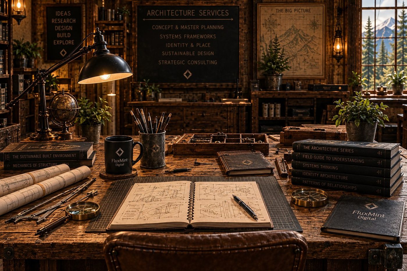 A study desk with a blackboard reading Architecture Services, a stack of named books, and an open sketchbook with architectural drawings.
