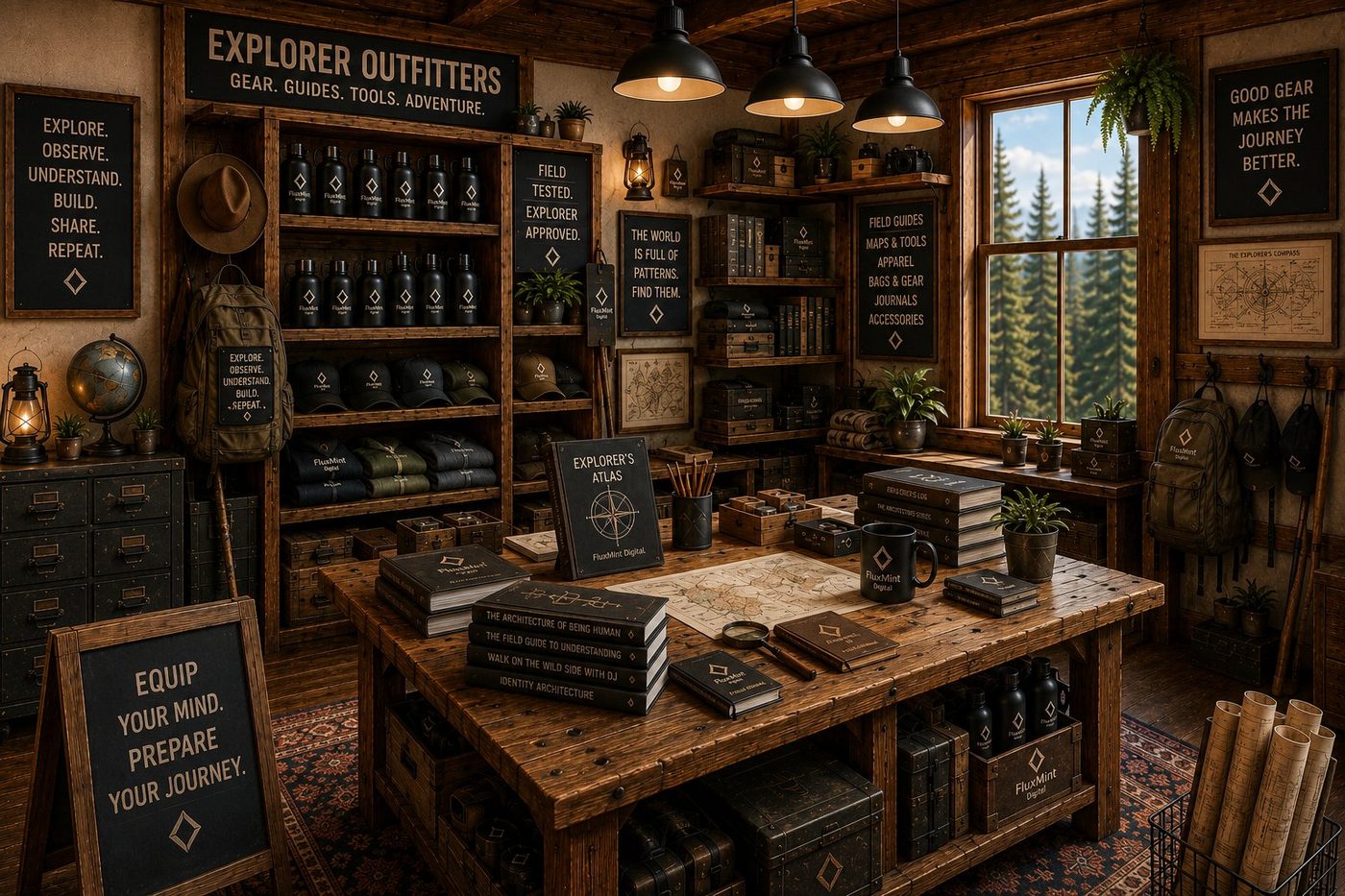 A rustic outfitters shop with shelves of branded bottles, hats, and apparel, and a table stacked with named books and an Explorer's Atlas journal.