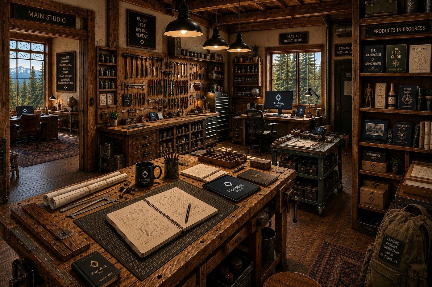 A wood-paneled workshop with a wall of hand tools, a desk with a computer, a shelf labeled Products in Progress, and a foreground drafting table with an open sketchbook.
